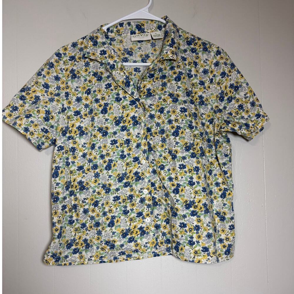 Orvis Women's Short Sleeve Button Front 100% Cotton Floral Medium Blouse